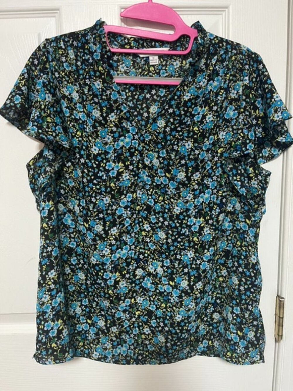 Woman's Black Blouse with Blue Flowers